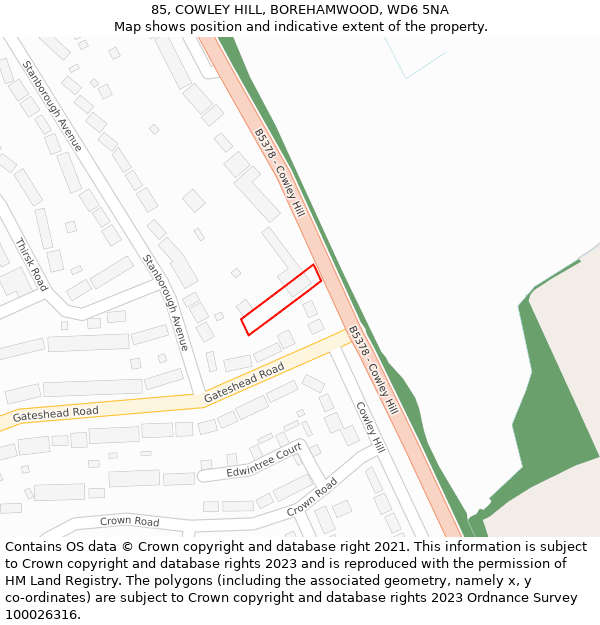 85, COWLEY HILL, BOREHAMWOOD, WD6 5NA: Location map and indicative extent of plot