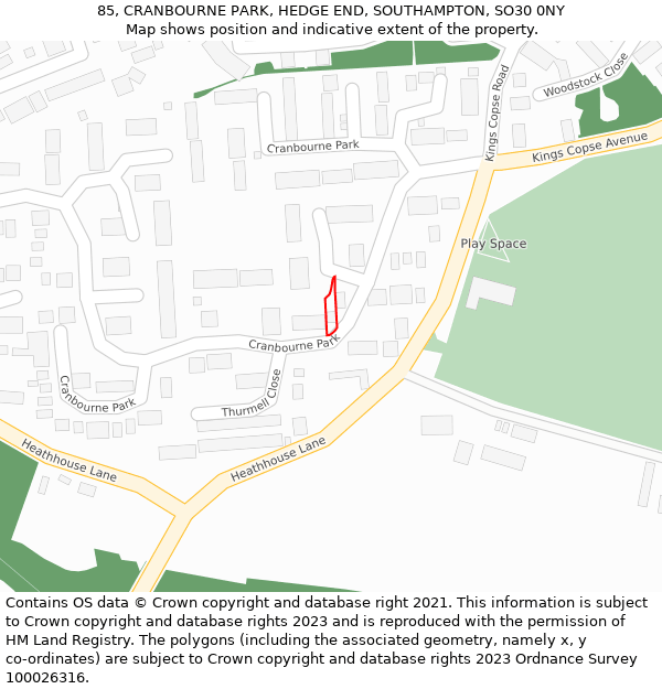 85, CRANBOURNE PARK, HEDGE END, SOUTHAMPTON, SO30 0NY: Location map and indicative extent of plot