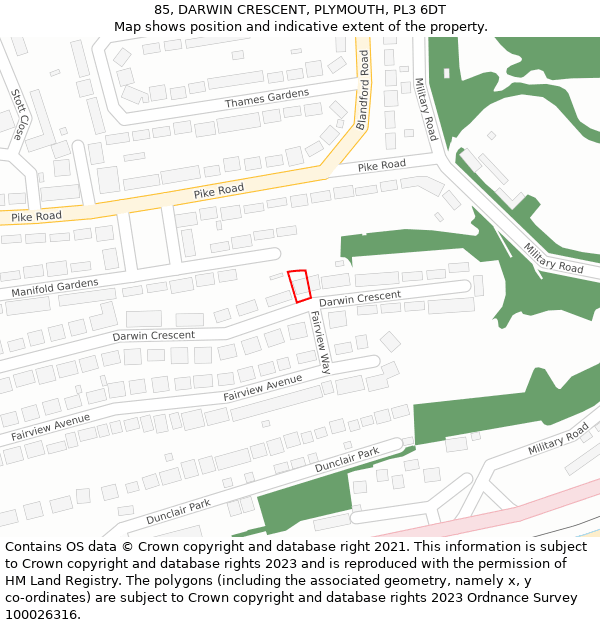 85, DARWIN CRESCENT, PLYMOUTH, PL3 6DT: Location map and indicative extent of plot