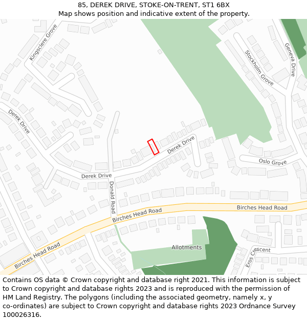 85, DEREK DRIVE, STOKE-ON-TRENT, ST1 6BX: Location map and indicative extent of plot