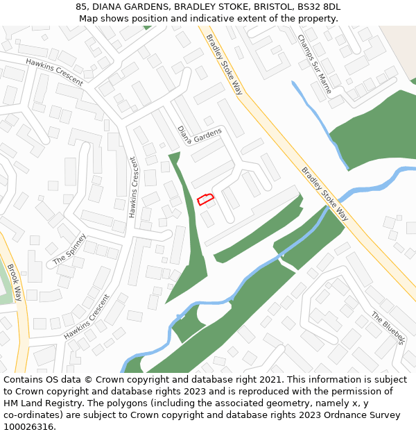 85, DIANA GARDENS, BRADLEY STOKE, BRISTOL, BS32 8DL: Location map and indicative extent of plot