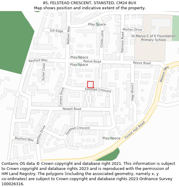 85, FELSTEAD CRESCENT, STANSTED, CM24 8UX: Location map and indicative extent of plot