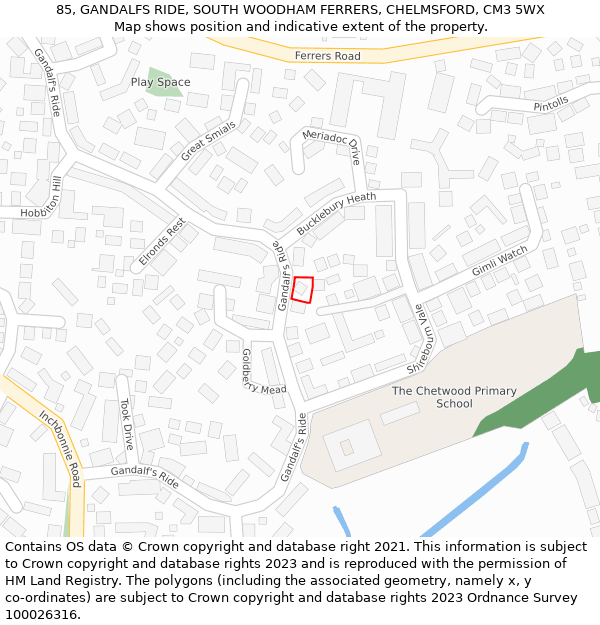 85, GANDALFS RIDE, SOUTH WOODHAM FERRERS, CHELMSFORD, CM3 5WX: Location map and indicative extent of plot