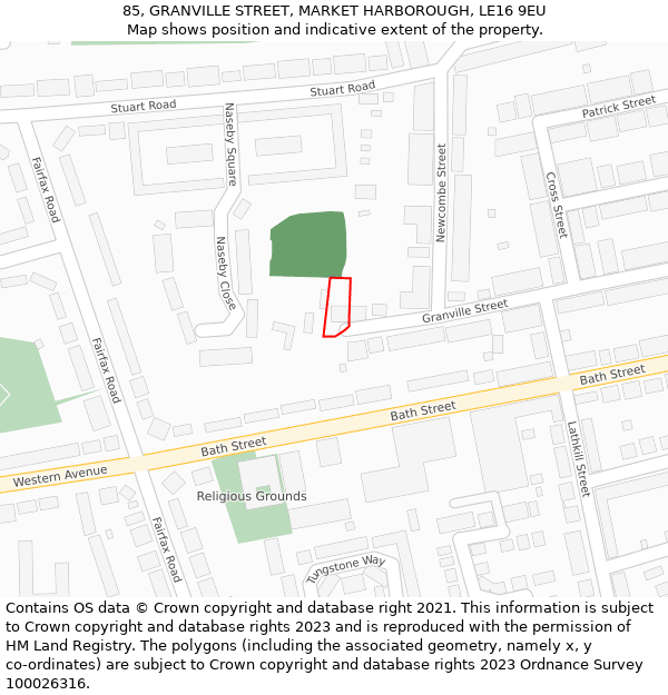 85, GRANVILLE STREET, MARKET HARBOROUGH, LE16 9EU: Location map and indicative extent of plot