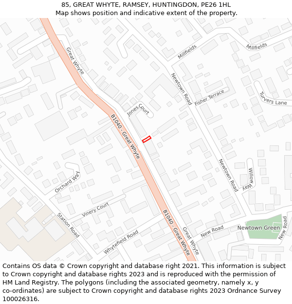 85, GREAT WHYTE, RAMSEY, HUNTINGDON, PE26 1HL: Location map and indicative extent of plot