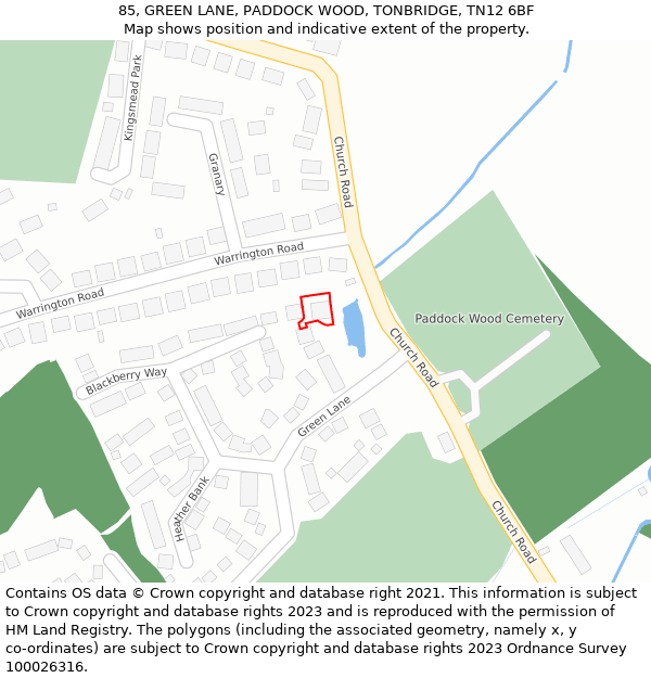 85, GREEN LANE, PADDOCK WOOD, TONBRIDGE, TN12 6BF: Location map and indicative extent of plot