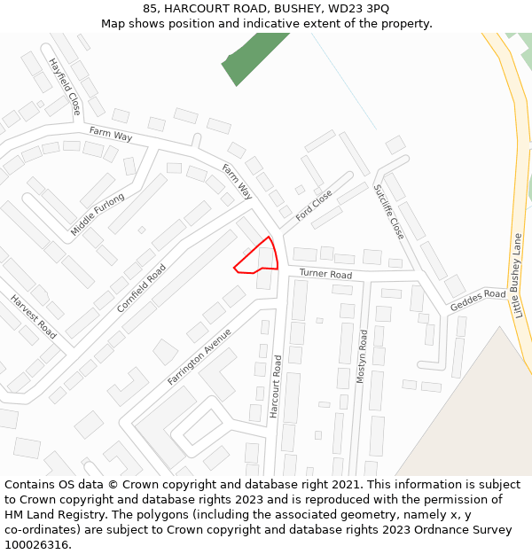 85, HARCOURT ROAD, BUSHEY, WD23 3PQ: Location map and indicative extent of plot