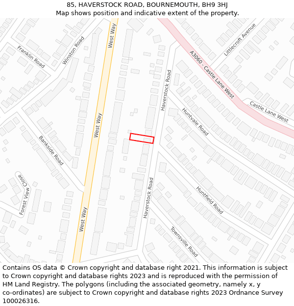 85, HAVERSTOCK ROAD, BOURNEMOUTH, BH9 3HJ: Location map and indicative extent of plot