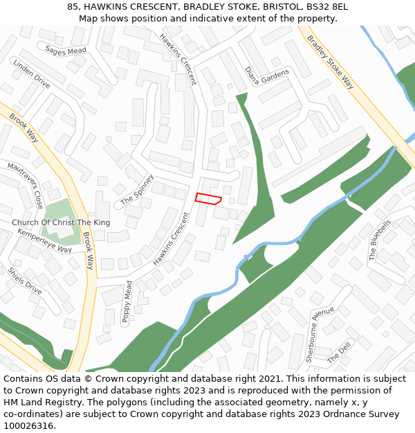 85, HAWKINS CRESCENT, BRADLEY STOKE, BRISTOL, BS32 8EL: Location map and indicative extent of plot