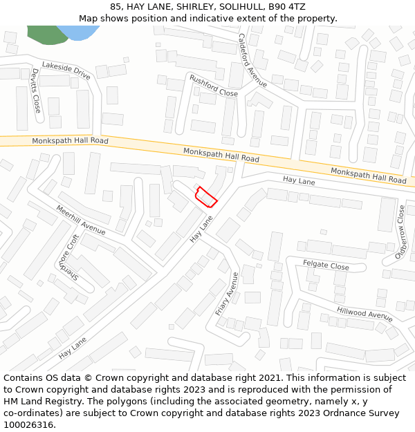 85, HAY LANE, SHIRLEY, SOLIHULL, B90 4TZ: Location map and indicative extent of plot