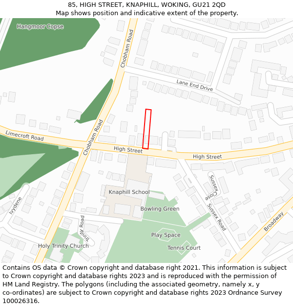 85, HIGH STREET, KNAPHILL, WOKING, GU21 2QD: Location map and indicative extent of plot