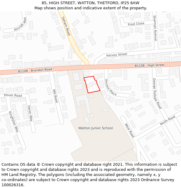85, HIGH STREET, WATTON, THETFORD, IP25 6AW: Location map and indicative extent of plot