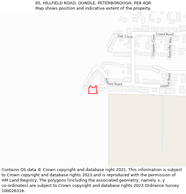 85, HILLFIELD ROAD, OUNDLE, PETERBOROUGH, PE8 4QR: Location map and indicative extent of plot