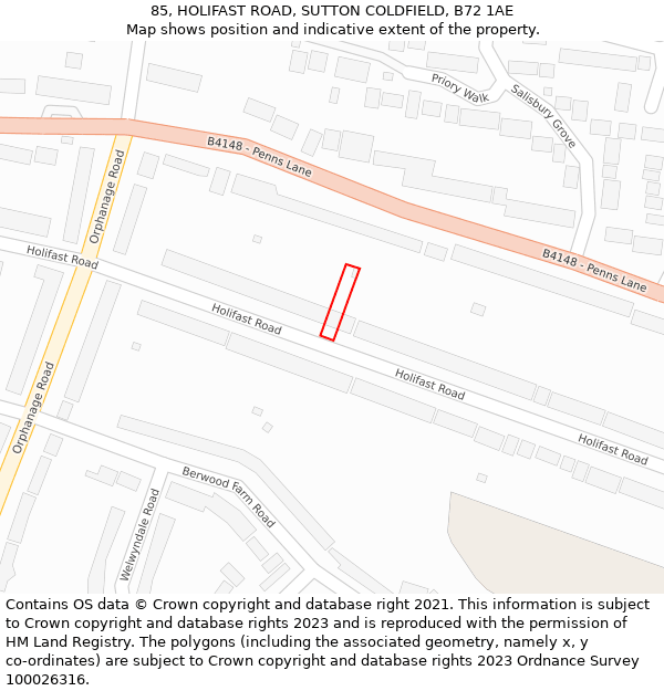 85, HOLIFAST ROAD, SUTTON COLDFIELD, B72 1AE: Location map and indicative extent of plot