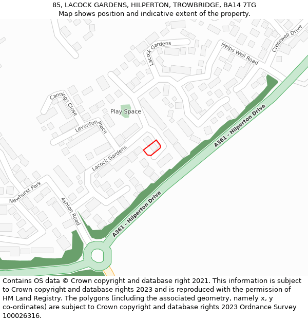 85, LACOCK GARDENS, HILPERTON, TROWBRIDGE, BA14 7TG: Location map and indicative extent of plot