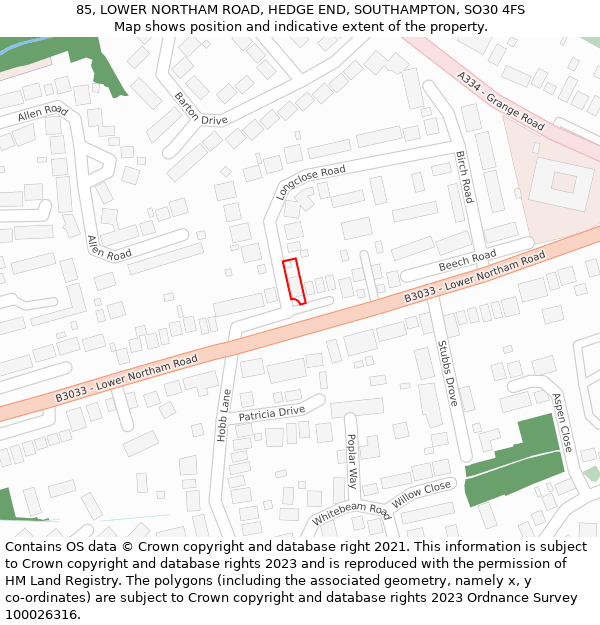 85, LOWER NORTHAM ROAD, HEDGE END, SOUTHAMPTON, SO30 4FS: Location map and indicative extent of plot