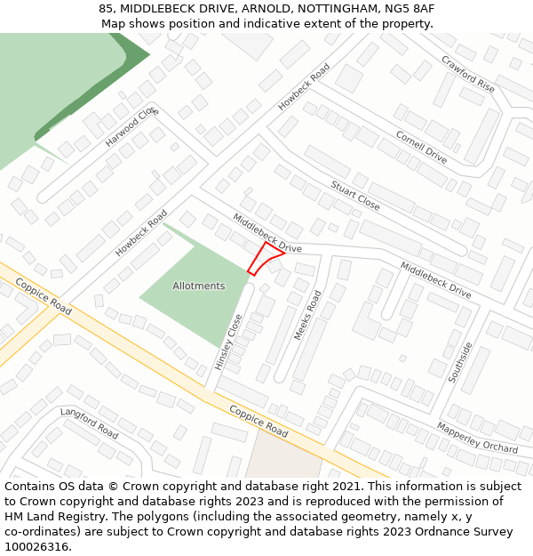 85, MIDDLEBECK DRIVE, ARNOLD, NOTTINGHAM, NG5 8AF: Location map and indicative extent of plot