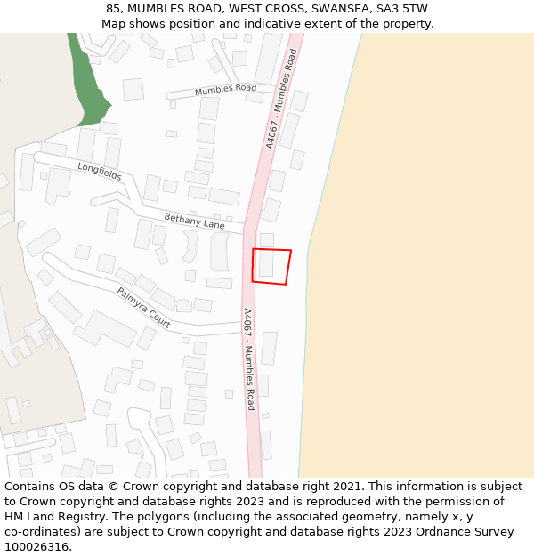 85, MUMBLES ROAD, WEST CROSS, SWANSEA, SA3 5TW: Location map and indicative extent of plot