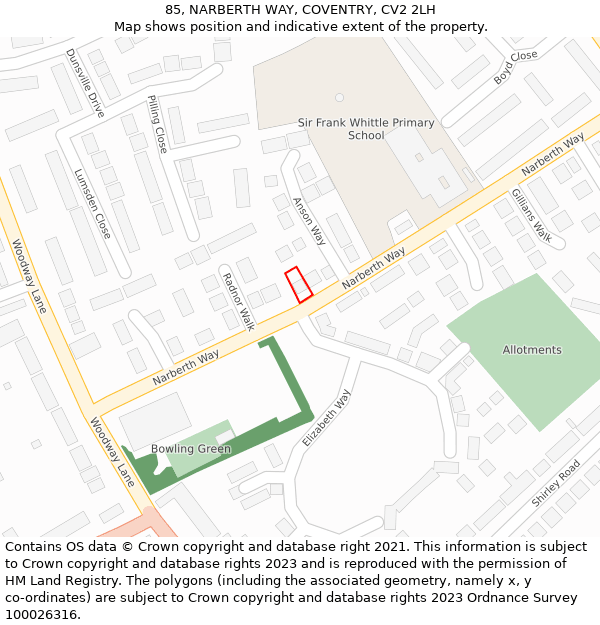 85, NARBERTH WAY, COVENTRY, CV2 2LH: Location map and indicative extent of plot