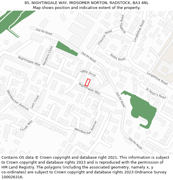 85, NIGHTINGALE WAY, MIDSOMER NORTON, RADSTOCK, BA3 4NL: Location map and indicative extent of plot