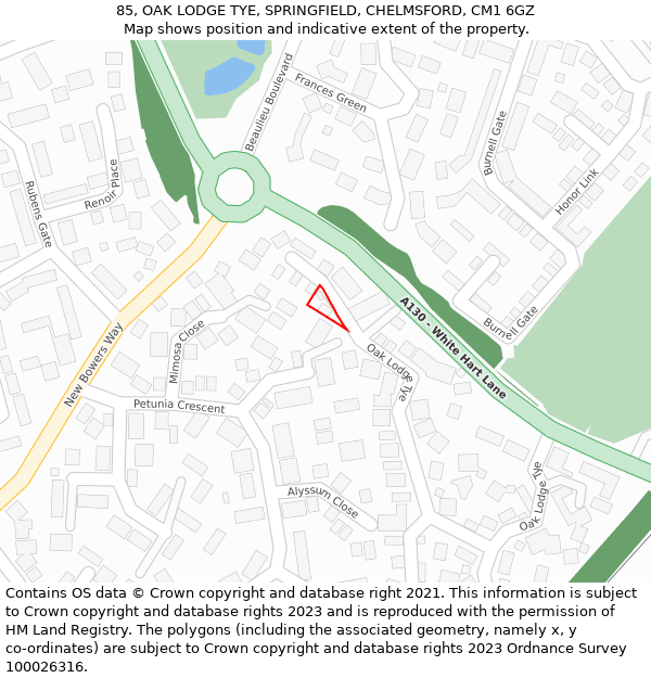 85, OAK LODGE TYE, SPRINGFIELD, CHELMSFORD, CM1 6GZ: Location map and indicative extent of plot