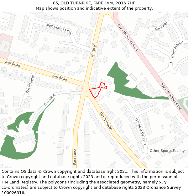 85, OLD TURNPIKE, FAREHAM, PO16 7HF: Location map and indicative extent of plot