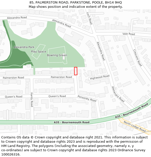 85, PALMERSTON ROAD, PARKSTONE, POOLE, BH14 9HQ: Location map and indicative extent of plot