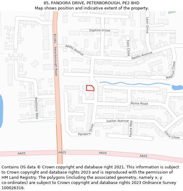 85, PANDORA DRIVE, PETERBOROUGH, PE2 8HD: Location map and indicative extent of plot
