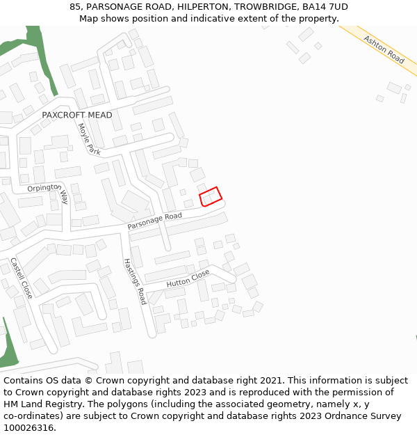 85, PARSONAGE ROAD, HILPERTON, TROWBRIDGE, BA14 7UD: Location map and indicative extent of plot