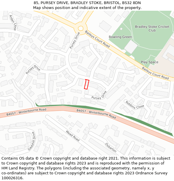 85, PURSEY DRIVE, BRADLEY STOKE, BRISTOL, BS32 8DN: Location map and indicative extent of plot