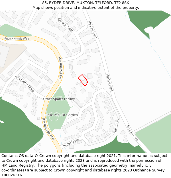85, RYDER DRIVE, MUXTON, TELFORD, TF2 8SX: Location map and indicative extent of plot