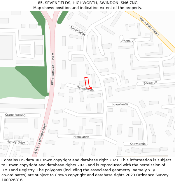 85, SEVENFIELDS, HIGHWORTH, SWINDON, SN6 7NG: Location map and indicative extent of plot