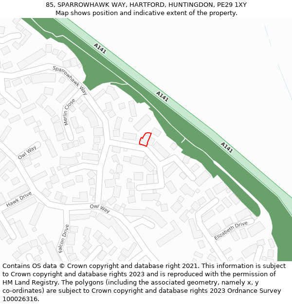 85, SPARROWHAWK WAY, HARTFORD, HUNTINGDON, PE29 1XY: Location map and indicative extent of plot