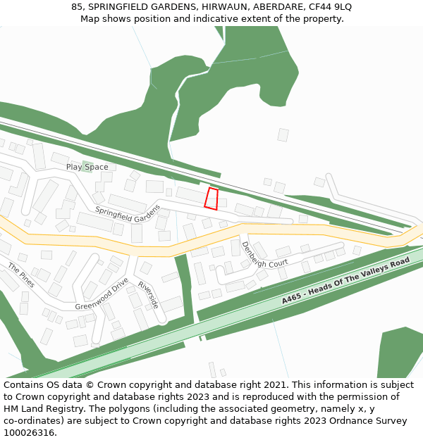 85, SPRINGFIELD GARDENS, HIRWAUN, ABERDARE, CF44 9LQ: Location map and indicative extent of plot