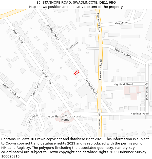 85, STANHOPE ROAD, SWADLINCOTE, DE11 9BG: Location map and indicative extent of plot