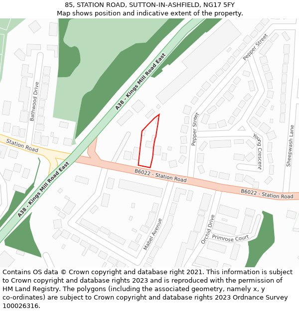85, STATION ROAD, SUTTON-IN-ASHFIELD, NG17 5FY: Location map and indicative extent of plot