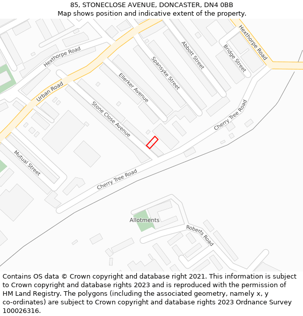 85, STONECLOSE AVENUE, DONCASTER, DN4 0BB: Location map and indicative extent of plot