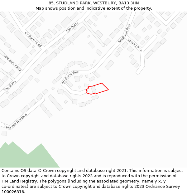 85, STUDLAND PARK, WESTBURY, BA13 3HN: Location map and indicative extent of plot