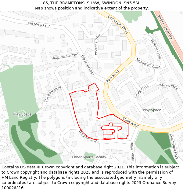 85, THE BRAMPTONS, SHAW, SWINDON, SN5 5SL: Location map and indicative extent of plot