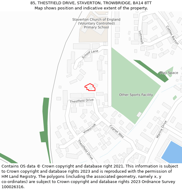 85, THESTFIELD DRIVE, STAVERTON, TROWBRIDGE, BA14 8TT: Location map and indicative extent of plot