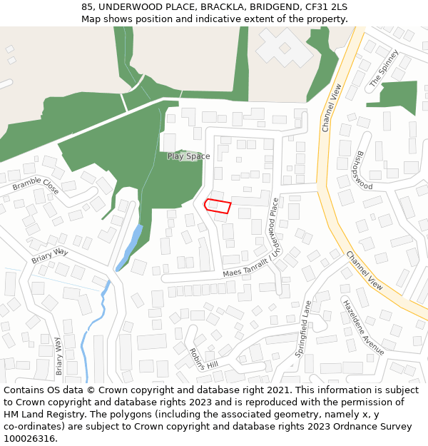 85, UNDERWOOD PLACE, BRACKLA, BRIDGEND, CF31 2LS: Location map and indicative extent of plot