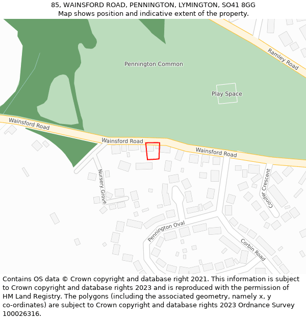 85, WAINSFORD ROAD, PENNINGTON, LYMINGTON, SO41 8GG: Location map and indicative extent of plot