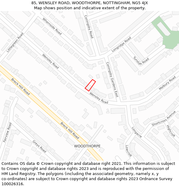 85, WENSLEY ROAD, WOODTHORPE, NOTTINGHAM, NG5 4JX: Location map and indicative extent of plot