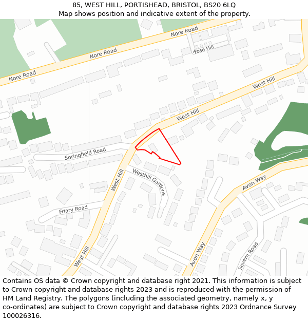 85, WEST HILL, PORTISHEAD, BRISTOL, BS20 6LQ: Location map and indicative extent of plot