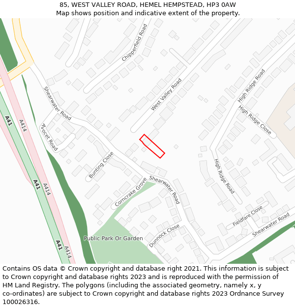 85, WEST VALLEY ROAD, HEMEL HEMPSTEAD, HP3 0AW: Location map and indicative extent of plot