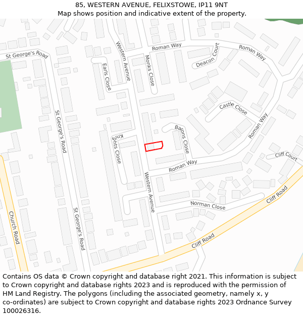 85, WESTERN AVENUE, FELIXSTOWE, IP11 9NT: Location map and indicative extent of plot