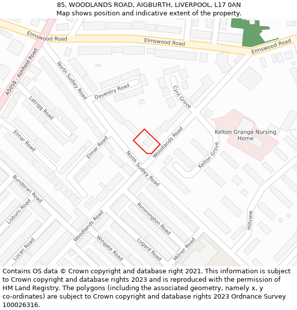 85, WOODLANDS ROAD, AIGBURTH, LIVERPOOL, L17 0AN: Location map and indicative extent of plot