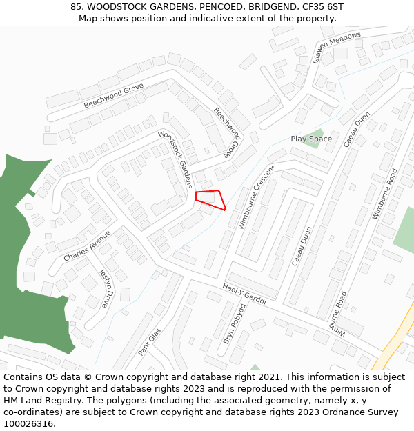 85, WOODSTOCK GARDENS, PENCOED, BRIDGEND, CF35 6ST: Location map and indicative extent of plot