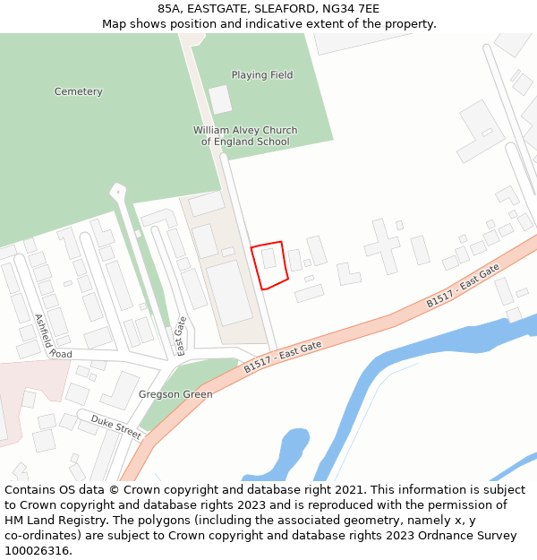 85A, EASTGATE, SLEAFORD, NG34 7EE: Location map and indicative extent of plot