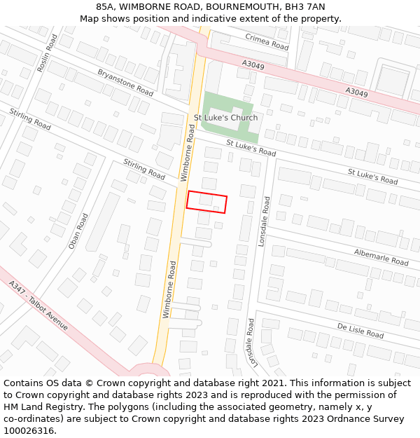 85A, WIMBORNE ROAD, BOURNEMOUTH, BH3 7AN: Location map and indicative extent of plot